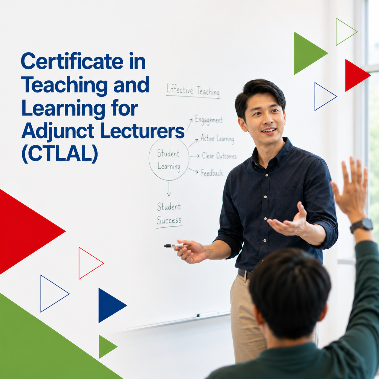 Show an adjunct or part time lecturer with no spectacles in a bright, contemporary campus learning space engaged in teaching their students, with a back view of student raising their hand